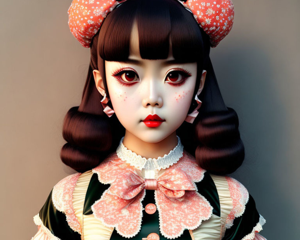 Female character with large eyes, twin buns, red bows, and ruffled collar dress.