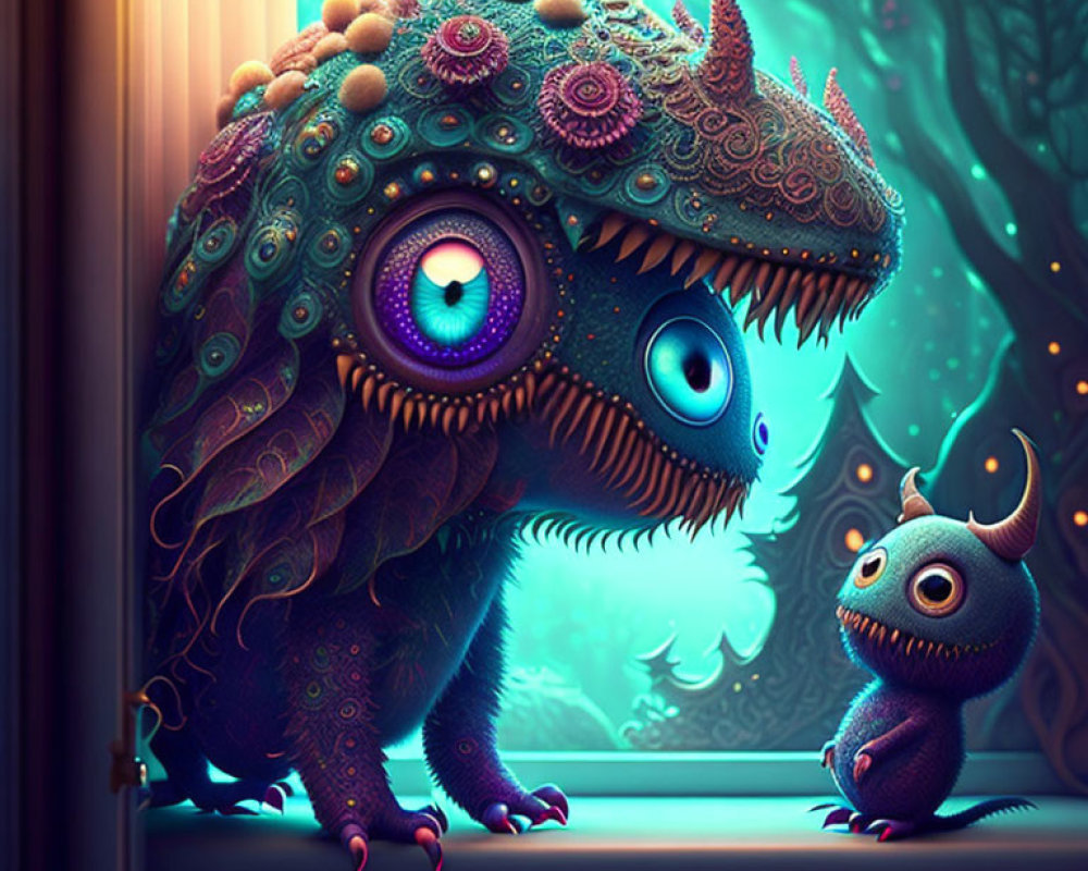 Colorful Stylized Monsters with Large Eyes in Whimsical Setting