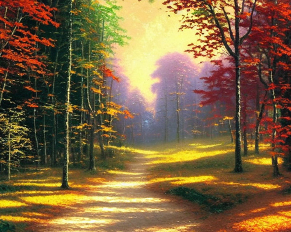 Tranquil autumn forest pathway with glowing light