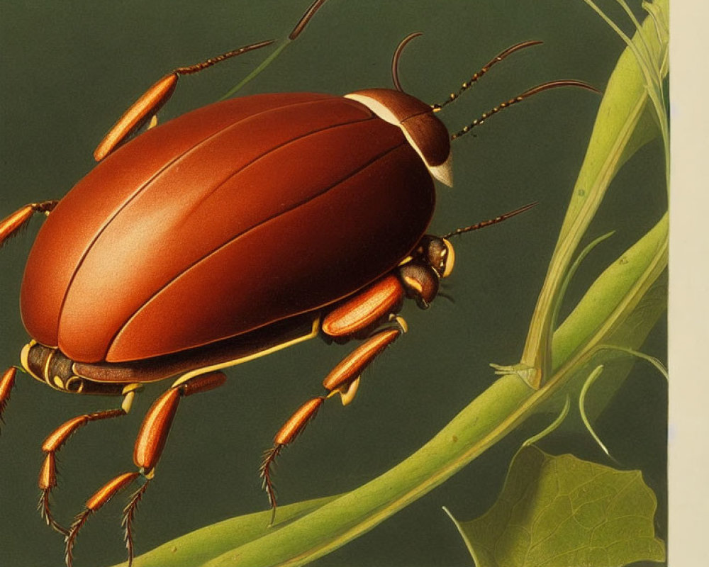 Large Reddish-Brown Beetle on Green Plant Stem Against Yellow Background