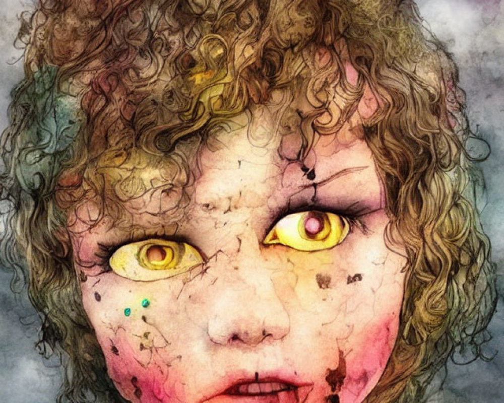 Child with Striking Yellow Eyes and Curly Hair in Dreamy Watercolor Illustration