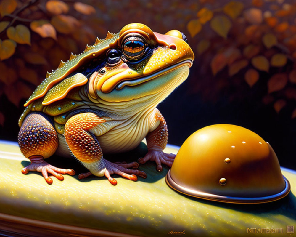 Detailed hyper-realistic illustration of large frog with shiny bell object