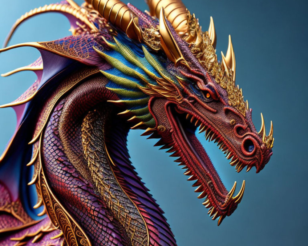 Detailed Dragon Artwork with Vibrant Colors and Golden Horns