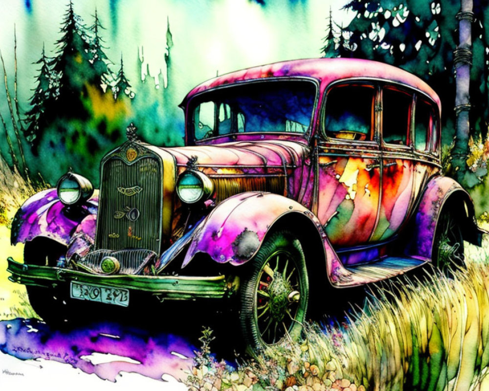 Vibrant Vintage Car Illustration in Forest with Purple and Green Hues