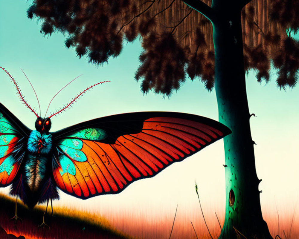 Colorful Butterfly Artwork with Whimsical Tree and Sunset Background