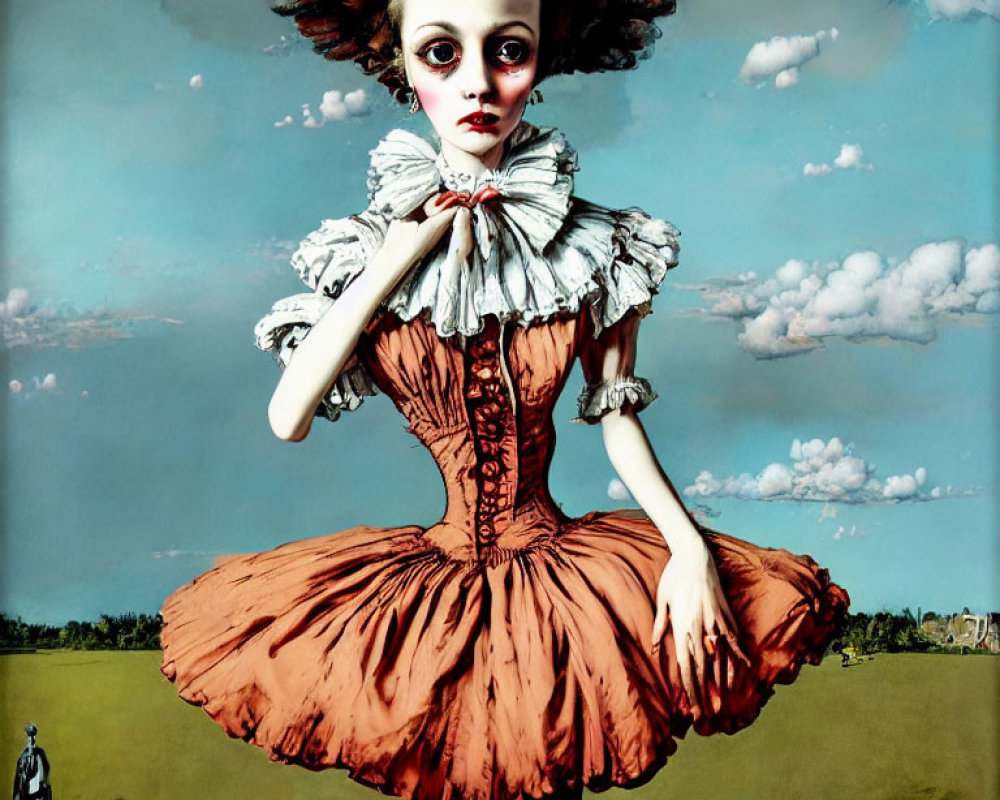 Surreal doll-like figure with oversized head in corset and ruffled dress in field.