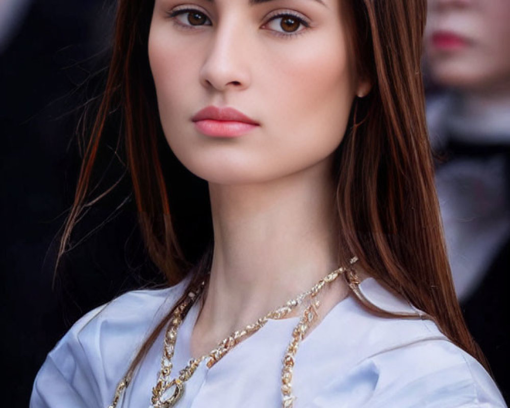 Young woman with long brown hair in ruffled top and gold necklace