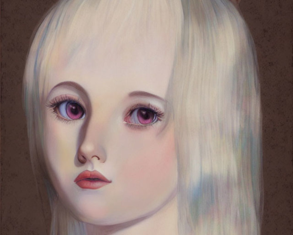 Surreal artwork: Large ethereal face of girl with striking eyes and pale hair, smaller dark