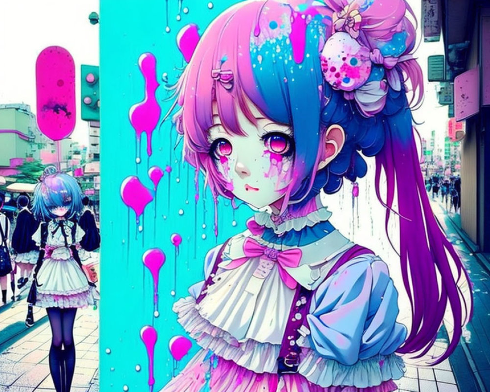 Vibrant illustration: girl with purple hair in fancy outfit against paint-dripped backdrop.