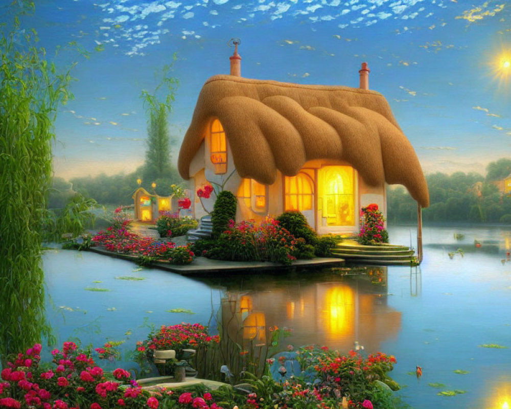 Thatched roof cottage by serene lake at twilight