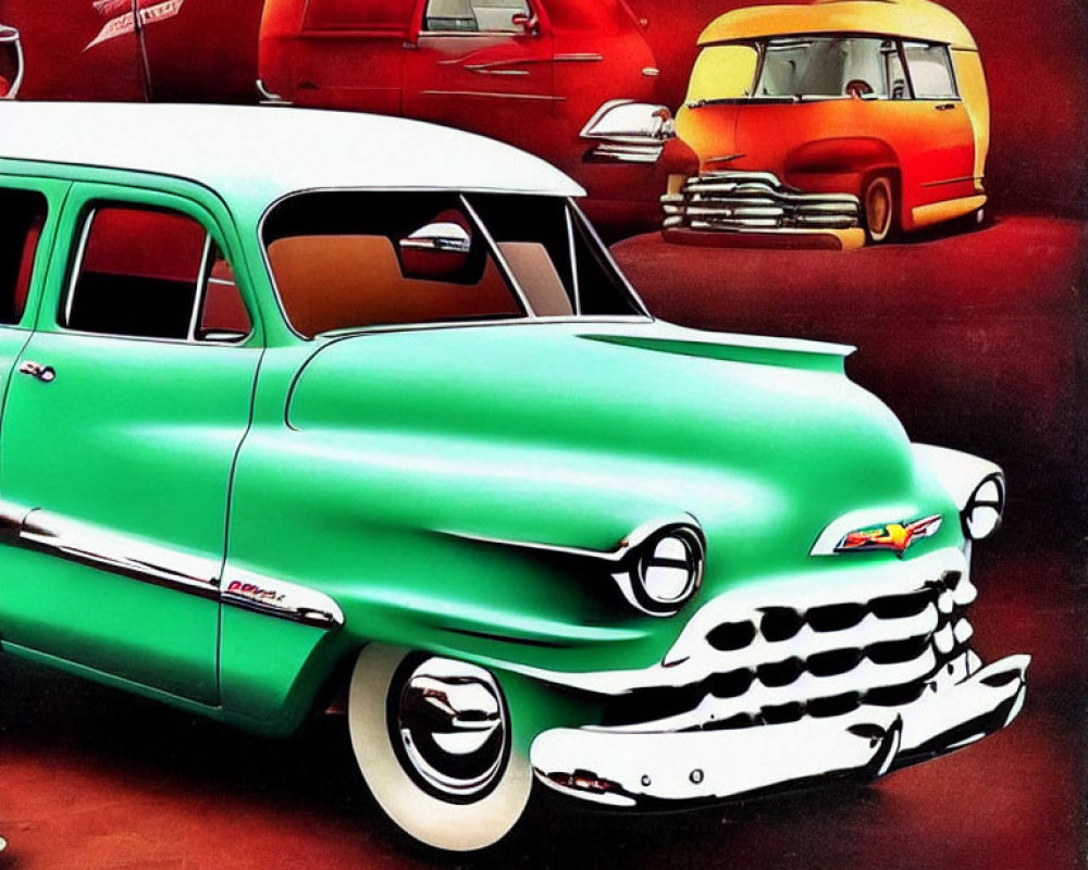 Colorful 1950s-style classic car collection illustration