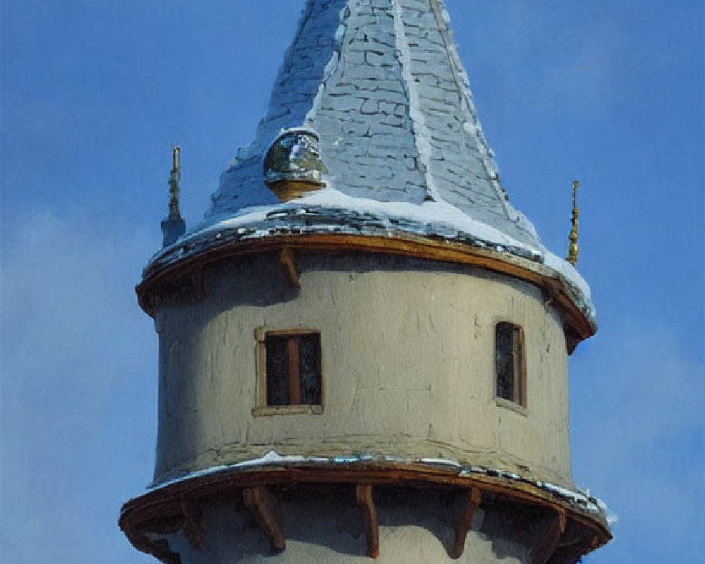 Tall narrow tower with conical roof and snowy tree backdrop