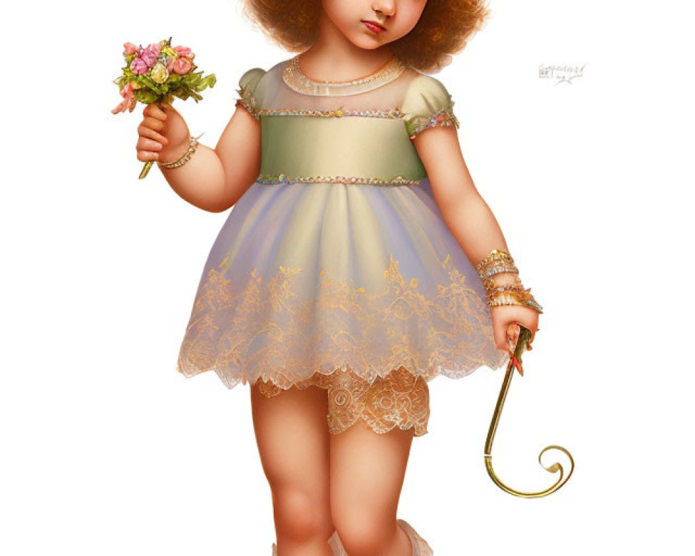 Digital illustration of young girl with curly hair in flower crown, lace dress, boots, holding flowers and