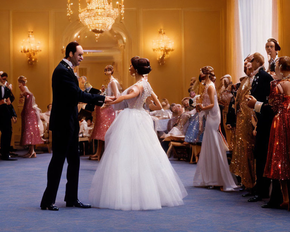 Elegant couple dancing in ballroom with onlookers and chandelier