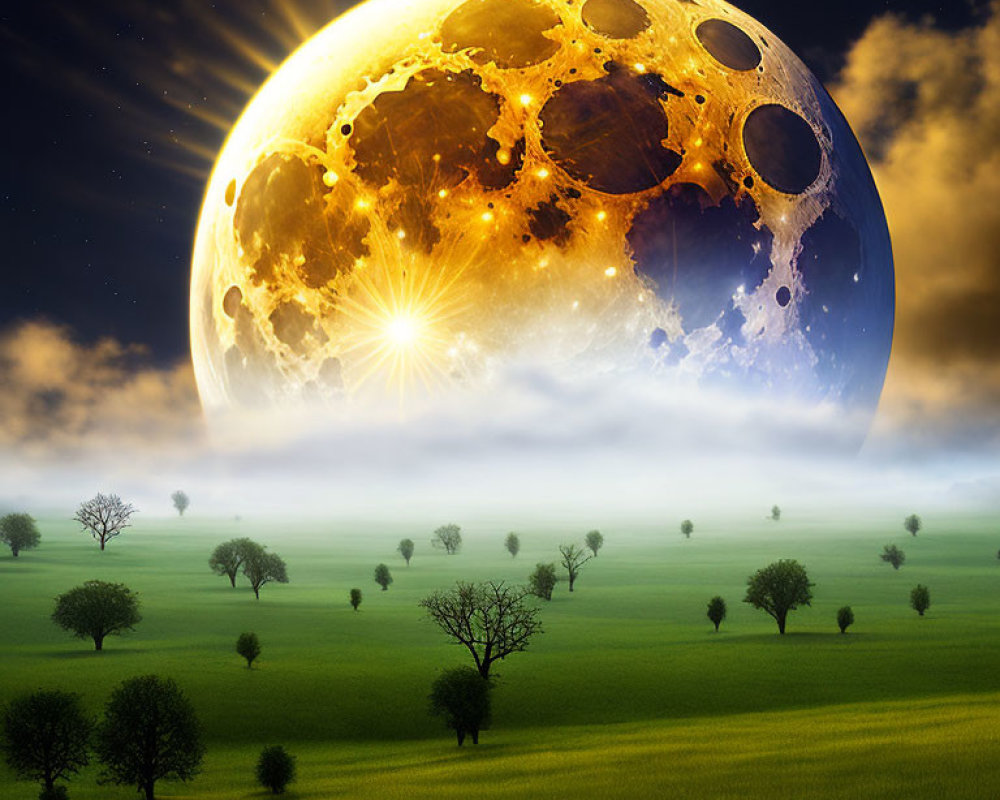 Surreal landscape with large moon, misty field, and sun peeking.