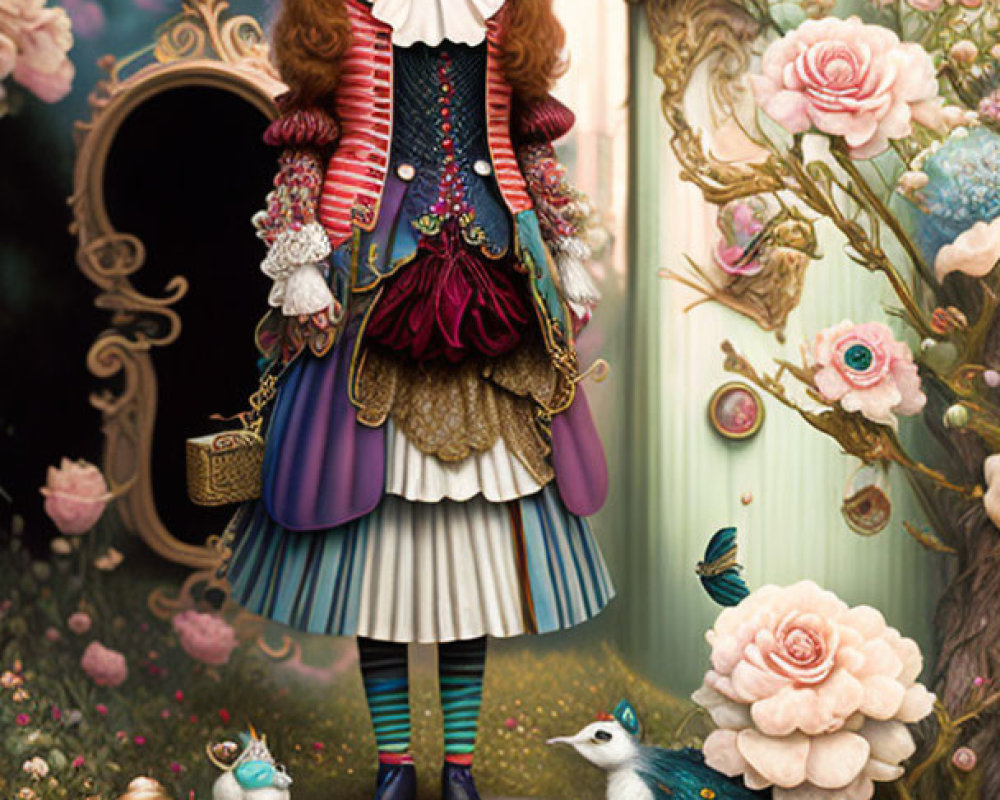 Colorful Victorian-inspired doll with peacock, mirror, roses, and teapot