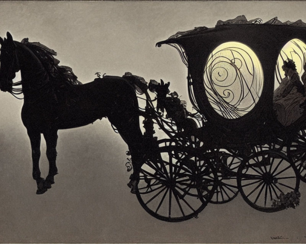 Moonlit Night Sky Horse-Drawn Carriage Silhouette with Detailed Spokes