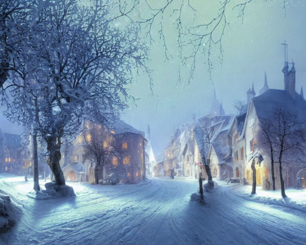 Snow-covered streets and historical buildings on a serene winter night