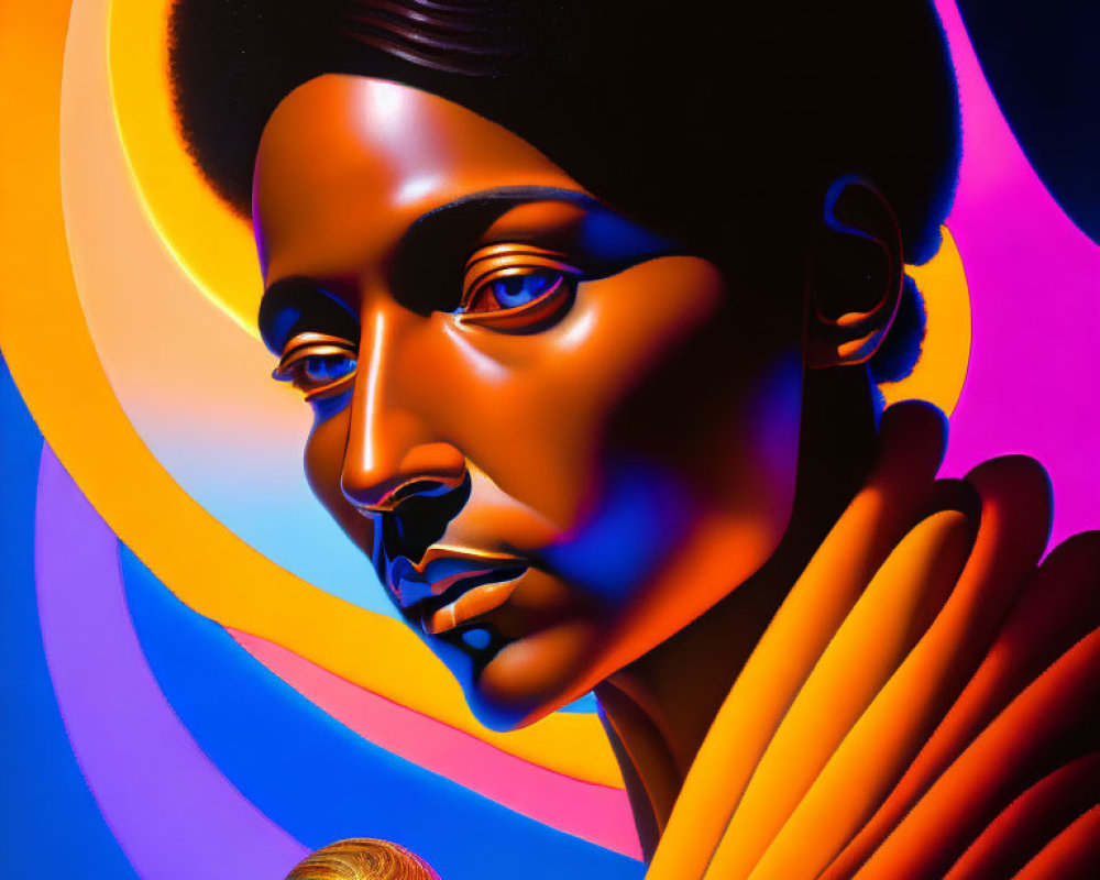 Colorful portrait with unique facial features against concentric circles and glowing orb