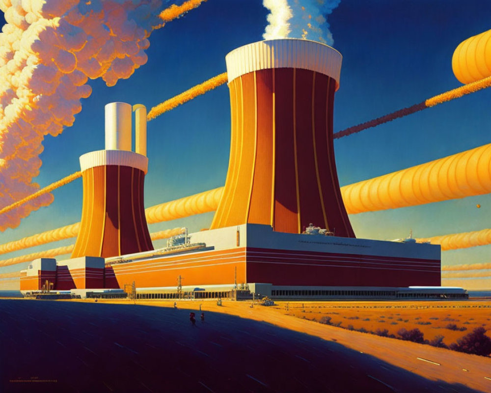 Nuclear power plant with oversized cooling towers against blue sky