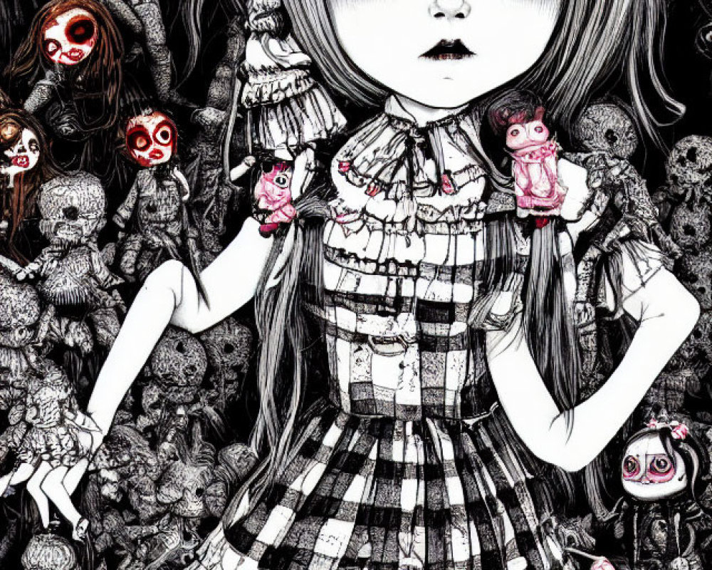 Monochrome Gothic illustration of wide-eyed girl with eerie dolls