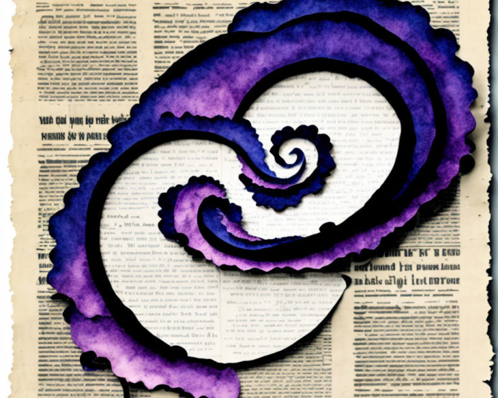 Purple ink blot swirls over sepia newspaper text