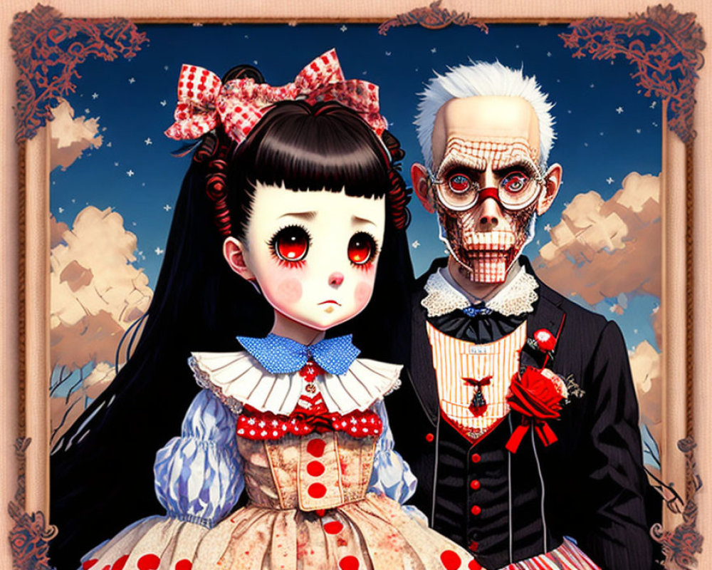 Artistic illustration of a girl with big, sad eyes and a skeleton-faced figure in a suit,