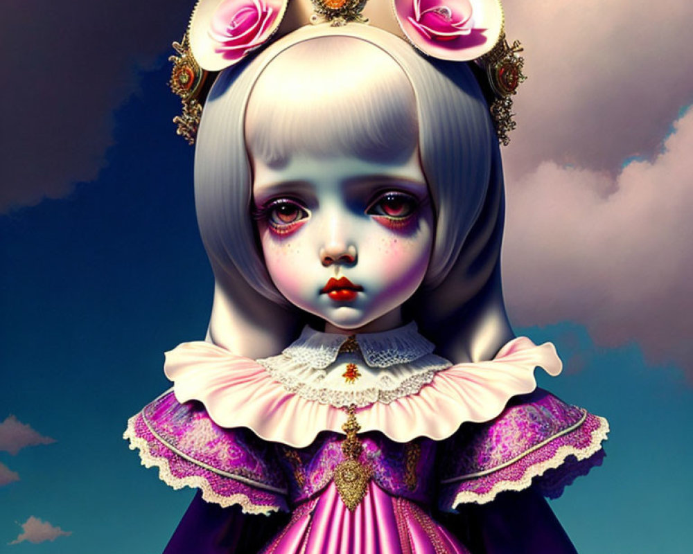 Surreal portrait of doll-like girl with large eyes and purple dress