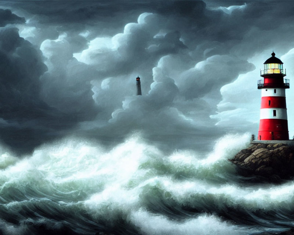 Red and White Lighthouse on Rocky Outcrop Amid Stormy Seas