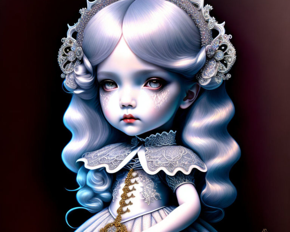 Digital Artwork: Doll-like Girl with Pale Skin, Blue Hair, Ornate Headpiece