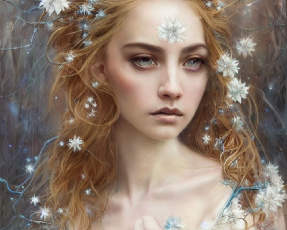 Fantasy portrait of woman with floral and icy elements and snowflake.