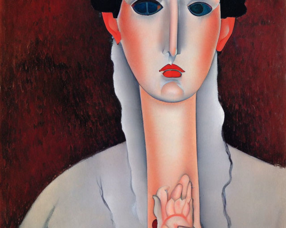 Pale woman with stylized features against red backdrop