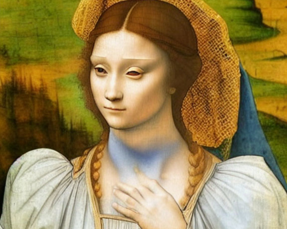 Portrait of Woman with Golden Veil and Blue Shawl in Rural Landscape