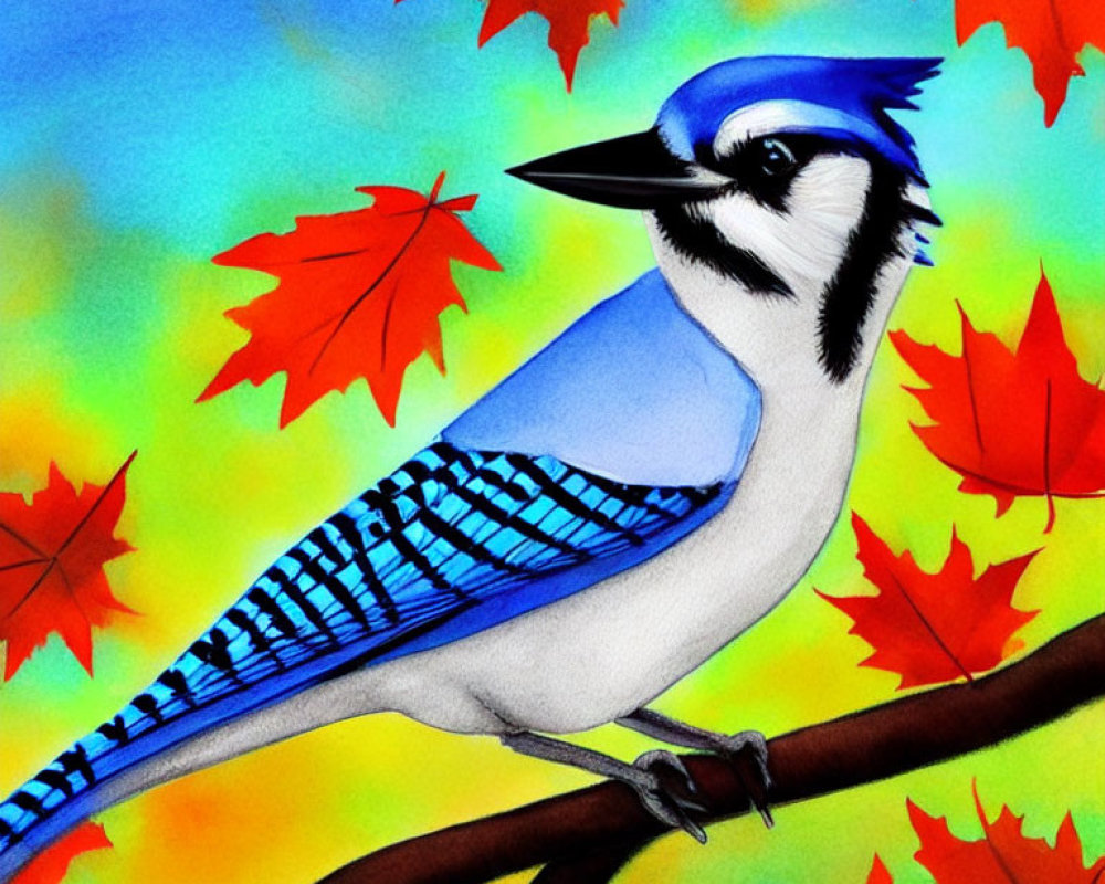 Detailed artwork: Blue jay on branch with red maple leaves