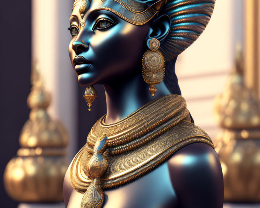 Detailed 3D rendering of ancient Egyptian queen with headdress and gold jewelry