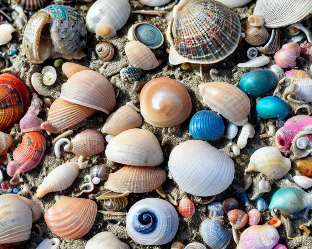 Colorful Seashells of Various Shapes and Sizes on Sandy Beach