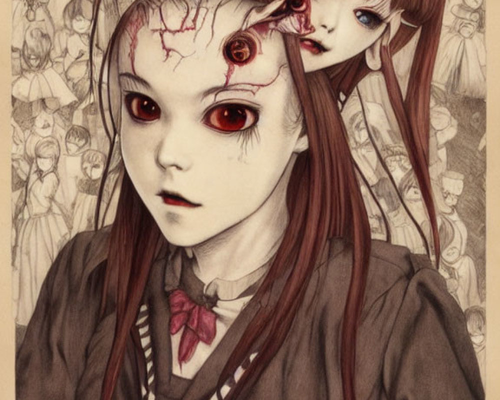 Surreal doll-like girl with opening in forehead revealing smaller face against sketched figures.