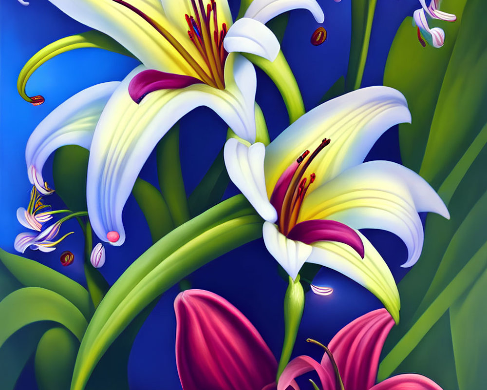 Detailed white and pink lilies painting on blue background