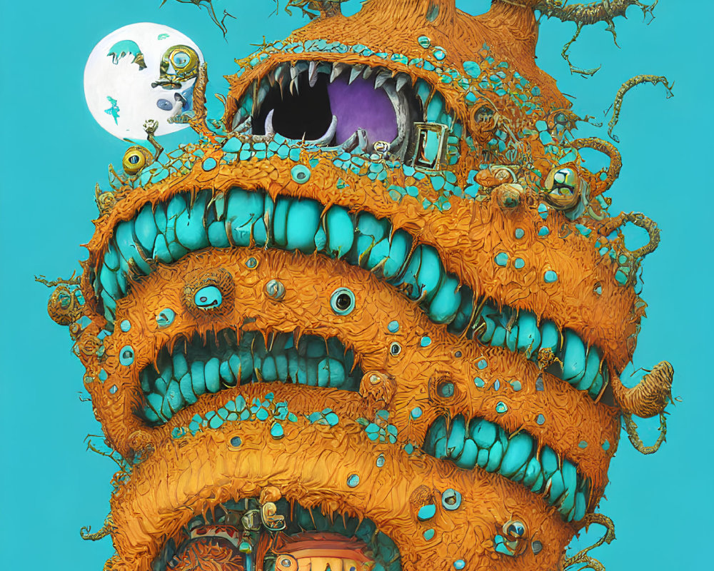 Vibrant orange tree-monster with multiple eyes and mouths on turquoise background