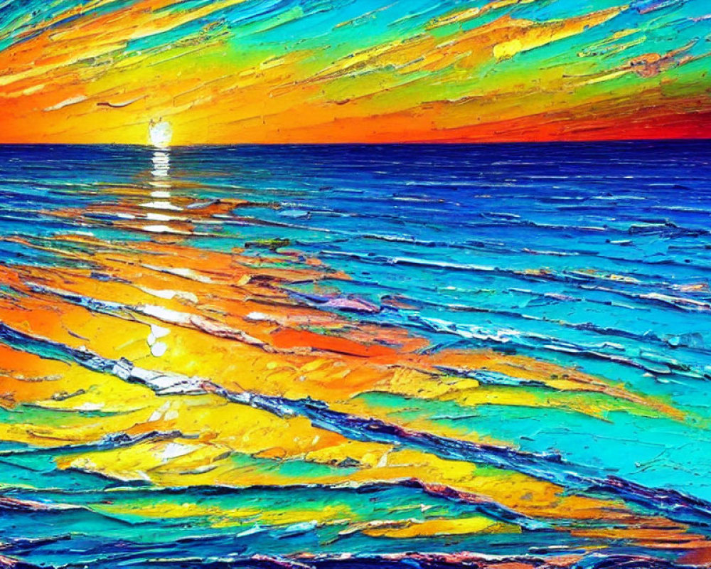 Colorful sunset painting with blue, orange, and yellow hues reflecting on water