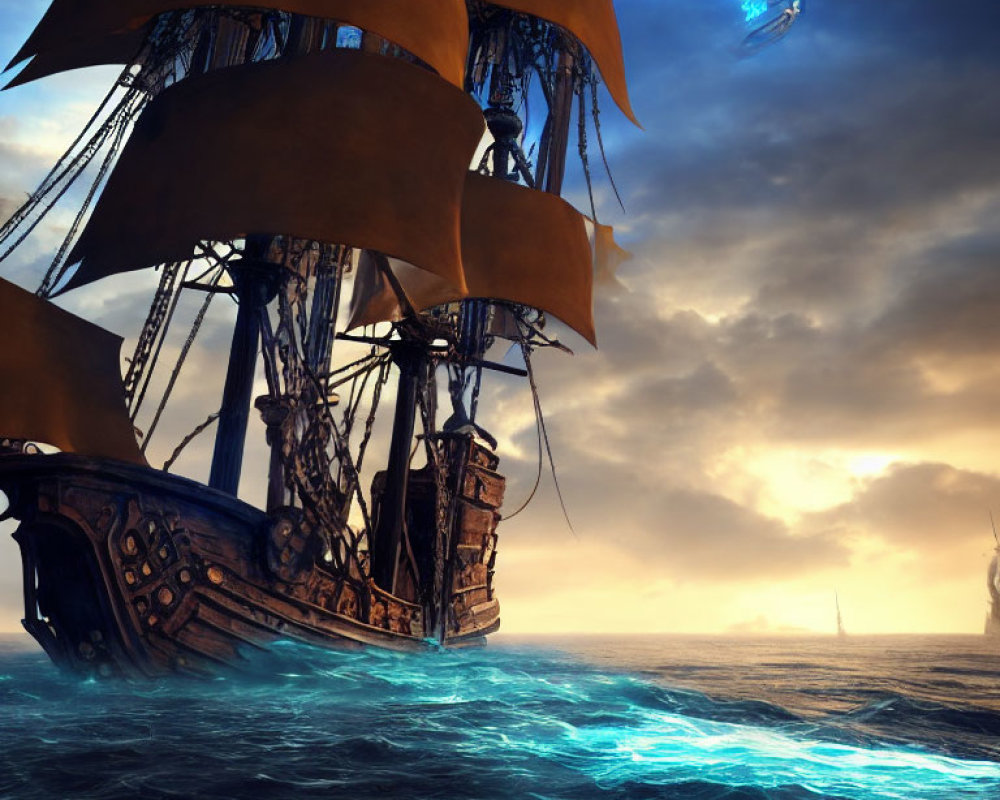 Fantasy pirate ship on glowing bioluminescent ocean at sunset
