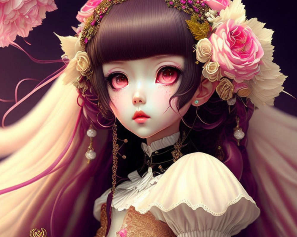 Detailed illustration of a girl with expressive eyes and flower crown.