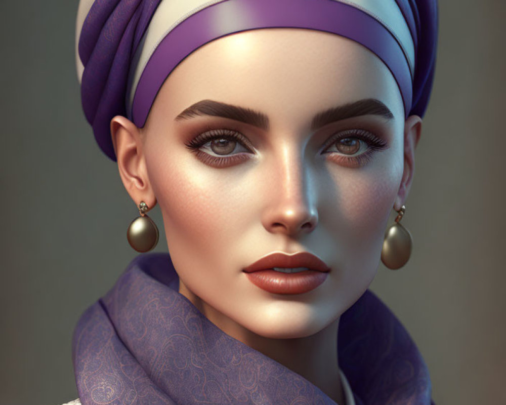 Woman with White and Purple Headscarf and Hoop Earrings