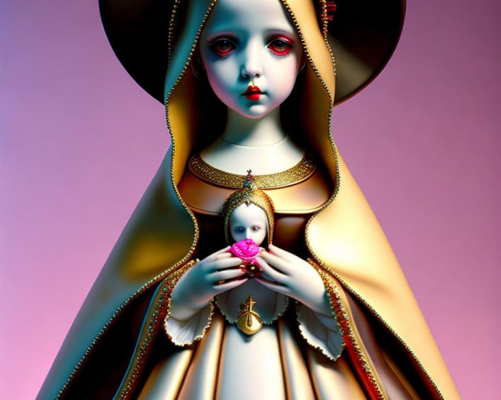 Surreal digital artwork: doll-like figure with large eyes and small figure in similar attire on pink