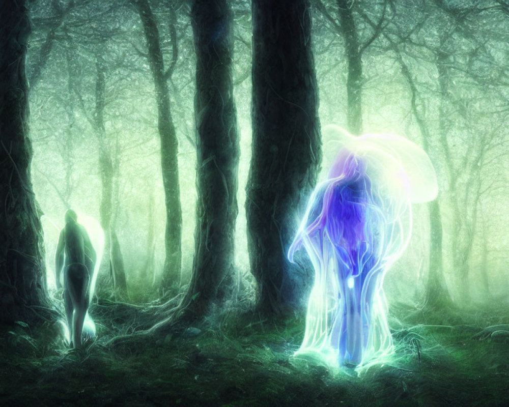 Ethereal beings in mystical forest emit neon glow