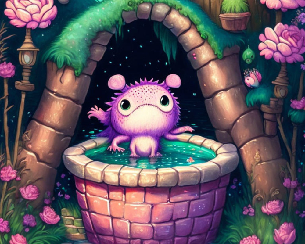 Purple Cartoon Creature Peeking from Stone Well in Lush Greenery