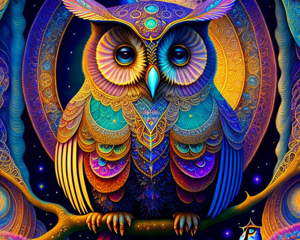 Colorful Digital Art: Stylized Owl with Psychedelic Palette