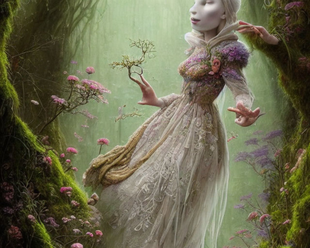 Ethereal woman in flowing dress with tree in enchanted forest