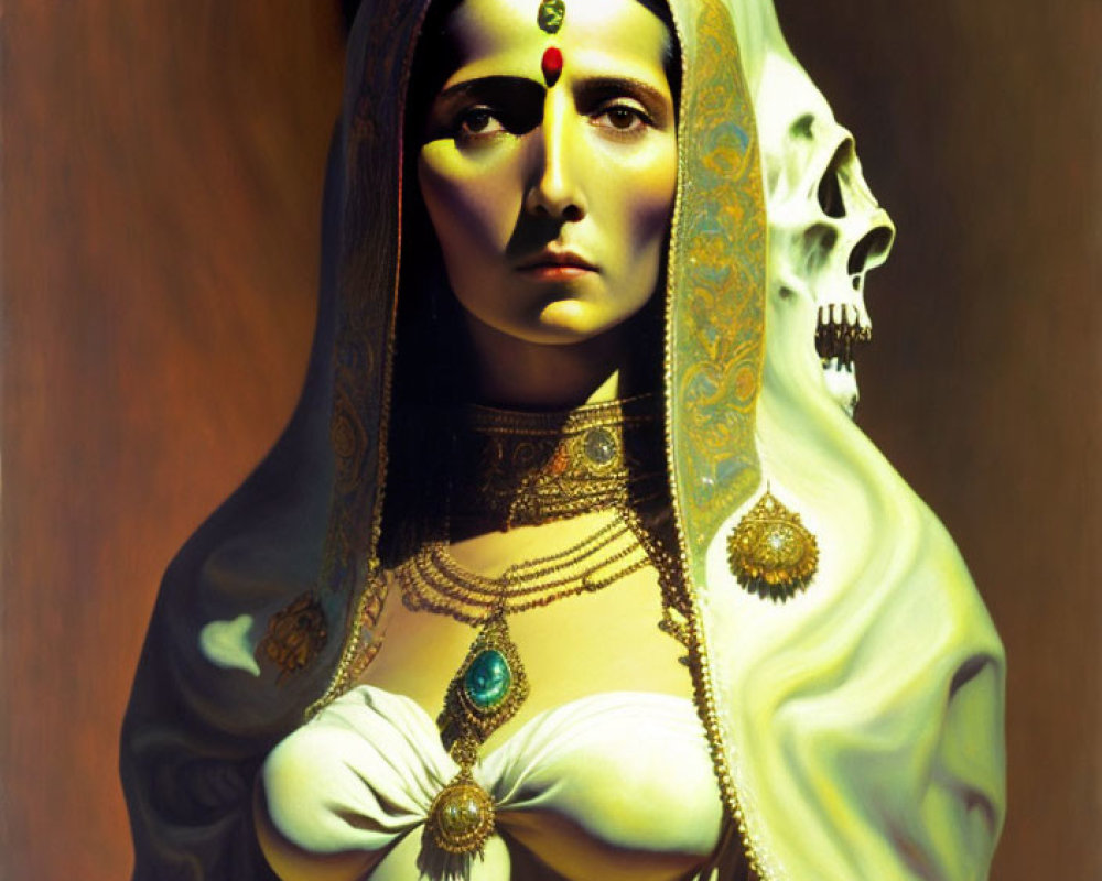 Digital artwork featuring woman's face and skull with traditional Indian jewelry and attire on warm background