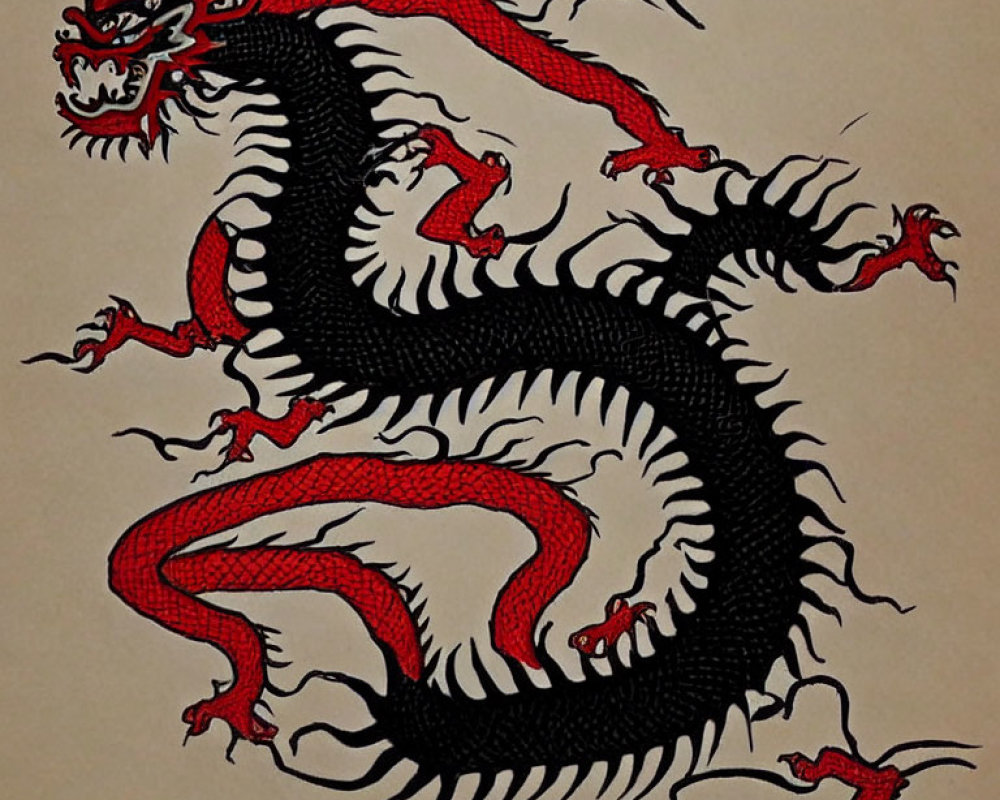 Detailed Black and Red Dragon Illustration with Fierce Expression